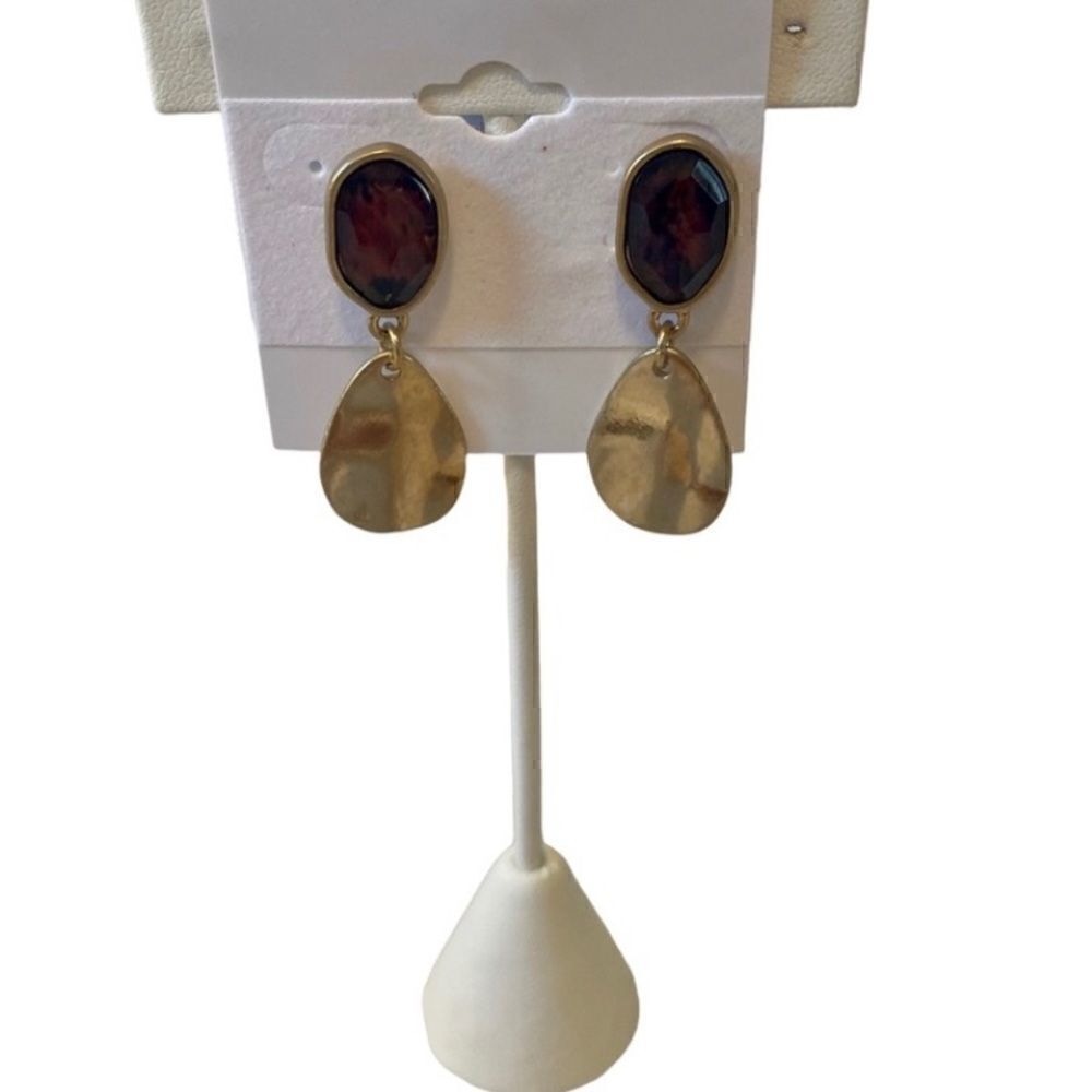Purple Stone & Hammered Gold Toned Drop Earrings